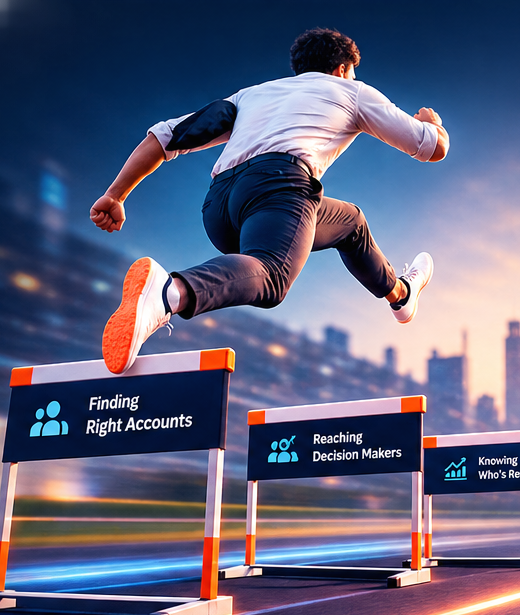 A B2B growth professional clearing three hurdles labeled finding right accounts, reaching decision-makers, and knowing who's ready to buy
